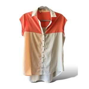 Fabrika Colorblock Blouse Women’s LG Orange Beige Short Sleeve Button Front Top
